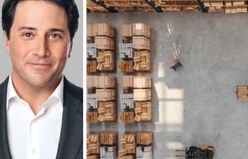 Ares Management CEO Michael Arougheti and the interior of a warehouse.
