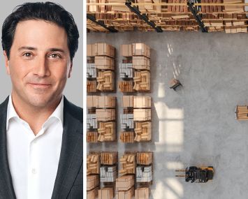 Ares Management CEO Michael Arougheti and the interior of a warehouse.