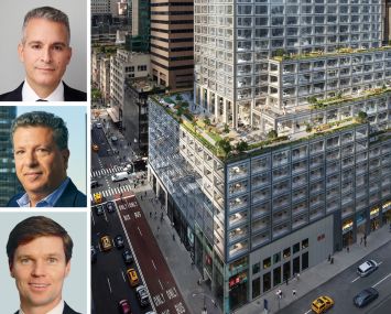 Brookfield's Mikael Nahmias (top), CBRE's Howard Fiddle (center) and Michael Geoghegan (bottom), and 660 Fifth Avenue.