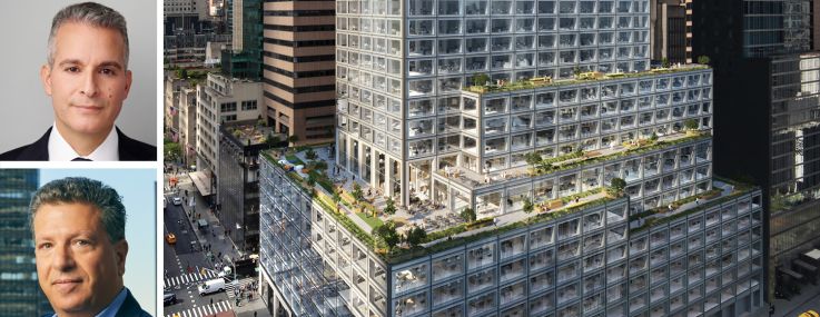Brookfield's Mikael Nahmias (top), CBRE's Howard Fiddle (center) and Michael Geoghegan (bottom), and 660 Fifth Avenue.