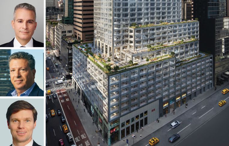 Brookfield's Mikael Nahmias (top), CBRE's Howard Fiddle (center) and Michael Geoghegan (bottom), and 660 Fifth Avenue.