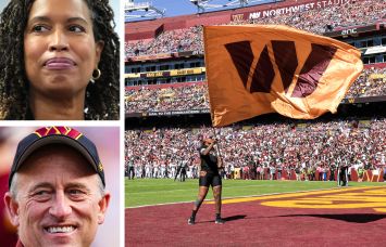 Washington D.C. Mayor Muriel Bowser (top), Washington Commanders managing partner Josh Harris (bottom), and fans fill the stands at a Washington Commanders game.