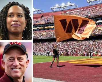 Washington D.C. Mayor Muriel Bowser (top), Washington Commanders managing partner Josh Harris (bottom), and fans fill the stands at a Washington Commanders game.