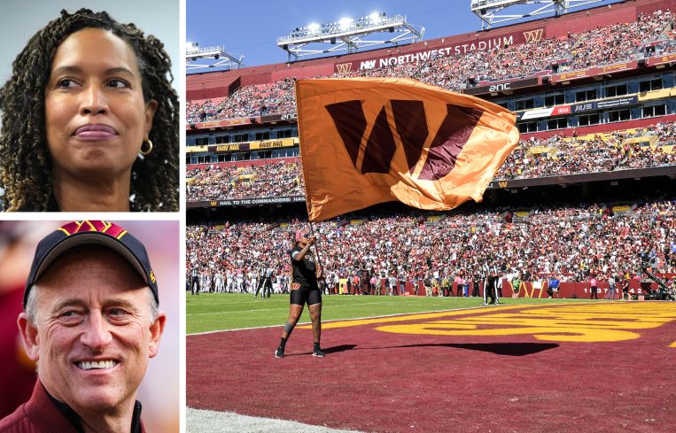 Washington D.C. Mayor Muriel Bowser (top), Washington Commanders managing partner Josh Harris (bottom), and fans fill the stands at a Washington Commanders game.
