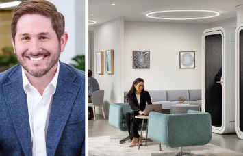 Headshot of a man next to a photo of an active office.