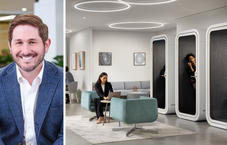 Headshot of a man next to a photo of an active office.