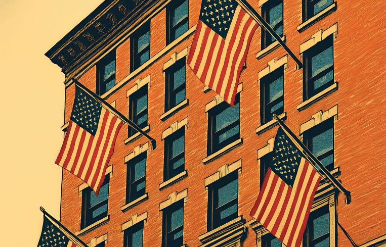 An illustration of a pre-war building with American flags on it.
