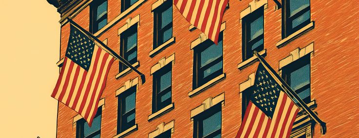 An illustration of a pre-war building with American flags on it.