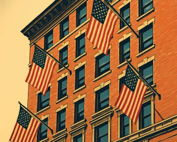 An illustration of a pre-war building with American flags on it.