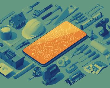 DIY and home repair app with smartphone and isometric hardware tools.