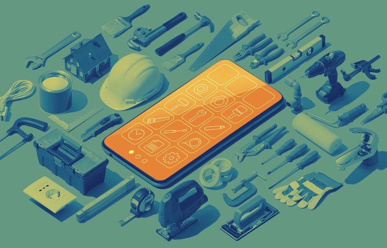 DIY and home repair app with smartphone and isometric hardware tools.