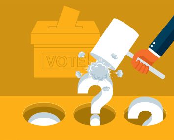An illustration of a game of whack-a-mole with question marks.