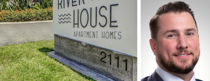 River House Apartment Homes in Orange County, Calif., and Northmarq's Brendan Golding (top) and Alex Kane (bottom).