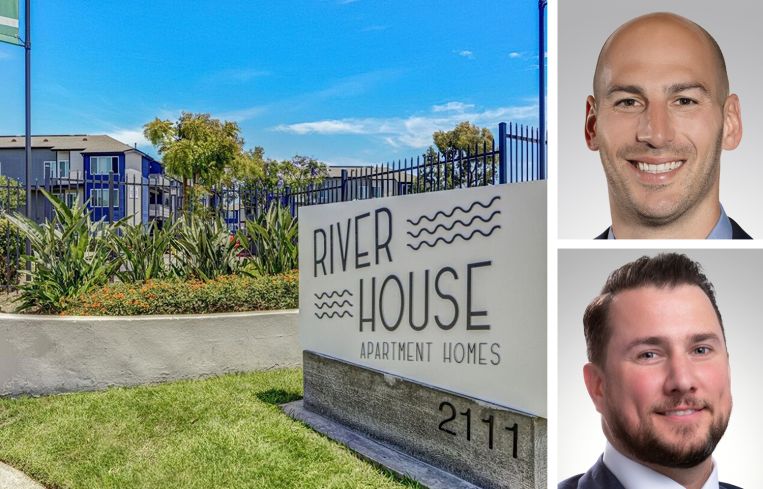 River House Apartment Homes in Orange County, Calif., and Northmarq's Brendan Golding (top) and Alex Kane (bottom).