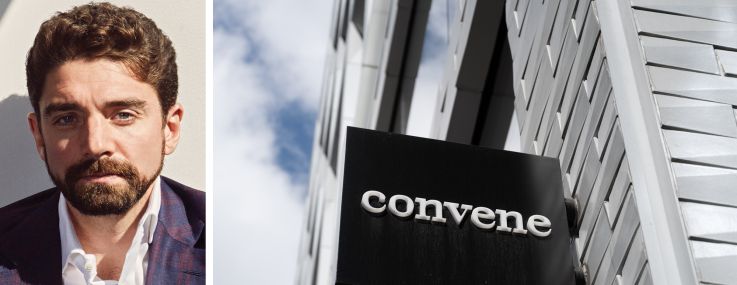 Convene CEO Ryan Simonetti and a Convene sign attached to a building.