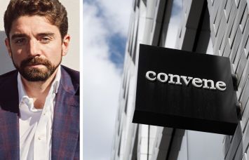 Convene CEO Ryan Simonetti and a Convene sign attached to a building.