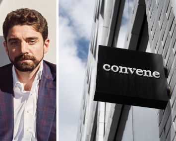 Convene CEO Ryan Simonetti and a Convene sign attached to a building.