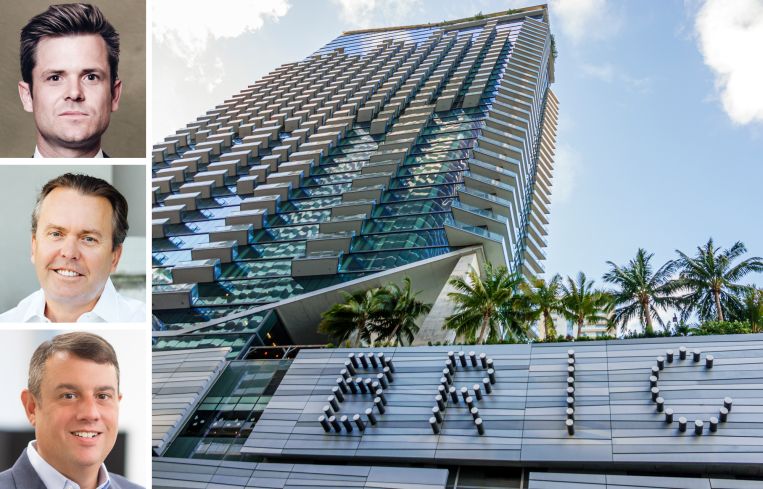 Blackstone Real Estate's Scott Treblico (top), Trinity Real Estate Investments's Sean Hehir (center), Certares Real Estate Management's Nolan Hecht (bottom), and East Miami Hotel in Miami.