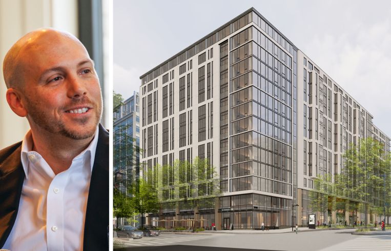 Lionheart Strategic Management Managing Director Sebastian Post and a rendering of 1900 K Street NW, Washington, D.C.