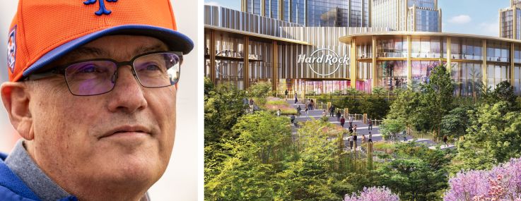 Steve Cohen and a rendering of the Hard Rock Hotel and Casino Metropolitan Park.