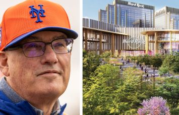 Steve Cohen and a rendering of the Hard Rock Hotel and Casino Metropolitan Park.