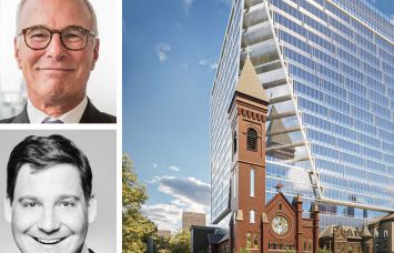 SJP Properties's Steve Pozycki (top), Claremont's Richard Schiaretta (bottom), and a rendering of 619 Grove Street, Jersey City, N.J.