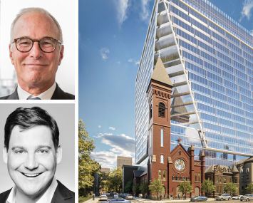 SJP Properties's Steve Pozycki (top), Claremont's Richard Schiaretta (bottom), and a rendering of 619 Grove Street, Jersey City, N.J.