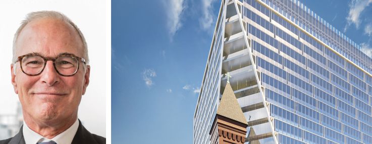 SJP Properties's Steve Pozycki (top), Claremont's Richard Schiaretta (bottom), and a rendering of 619 Grove Street, Jersey City, N.J.