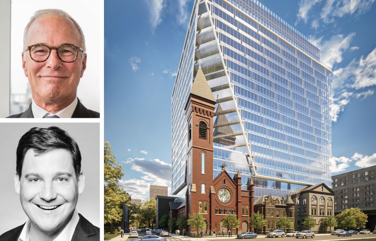 SJP Properties's Steve Pozycki (top), Claremont's Richard Schiaretta (bottom), and a rendering of 619 Grove Street, Jersey City, N.J.