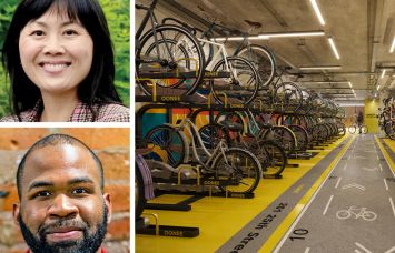 Ailanthus's Vivian Liao (top), Oonee's Shabazz Stuart (bottom), and a rendering of Oonee's planned indoor hub at 201 25th Street, Brooklyn.