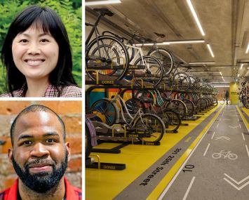 Ailanthus's Vivian Liao (top), Oonee's Shabazz Stuart (bottom), and a rendering of Oonee's planned indoor hub at 201 25th Street, Brooklyn.
