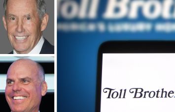 Kennedy Wilson CEO William McMorrow (top), Toll Brothers CEO and Chairman Douglas Yearley (bottom), and the Toll Brothers logo shown on a cell phone.