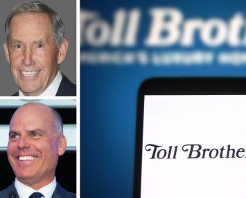 Kennedy Wilson CEO William McMorrow (top), Toll Brothers CEO and Chairman Douglas Yearley (bottom), and the Toll Brothers logo shown on a cell phone.