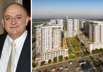 Elad Group's Yitzhak Tshuva and a rendering of The District in Davie project in Davie, Fla.