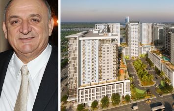 Elad Group's Yitzhak Tshuva and a rendering of The District in Davie project in Davie, Fla.