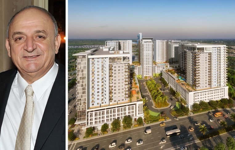 Elad Group's Yitzhak Tshuva and a rendering of The District in Davie project in Davie, Fla.