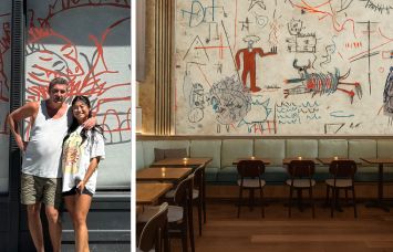 Co-Owners of Ziggy’s Roman Cafe, an Italian restaurant set to open this fall, Igor Hadzismajlovic and Helen Zhang, rendering of the interior of Ziggy's at 15 Main Street in Dumbo, Brooklyn.