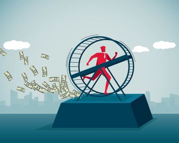 Illustration of a man on a giant hamster wheel.