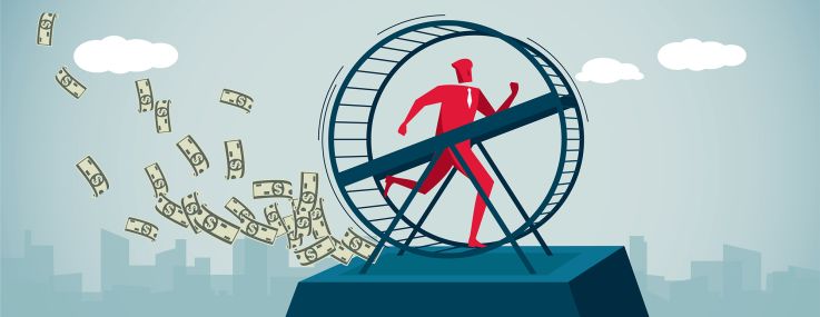 Illustration of a man on a giant hamster wheel.