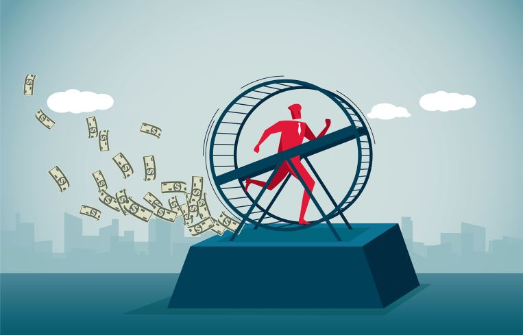 Illustration of a man on a giant hamster wheel.