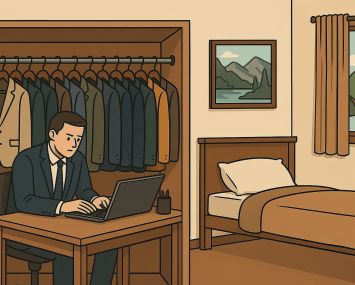Illustration of a man working at a desk in a closet.
