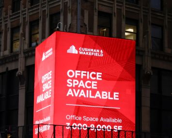 A sign advertises office space for lease in midtown Manhattan.