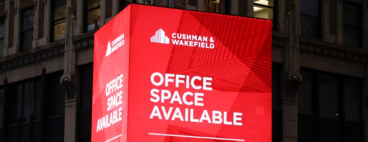 A sign advertises office space for lease in midtown Manhattan.