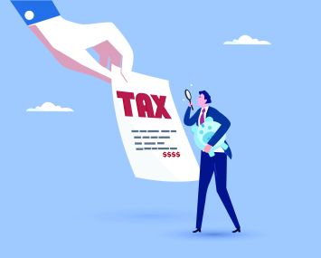 Illustration of a small man looking at a big tax bill.