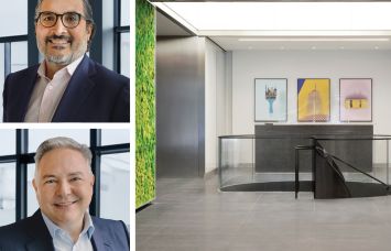 Co-CEO's of BGO, Sonny Kalsi (top) and John Carrafiell; interior lobby shot of 757 Third Avenue, NY, NY.
