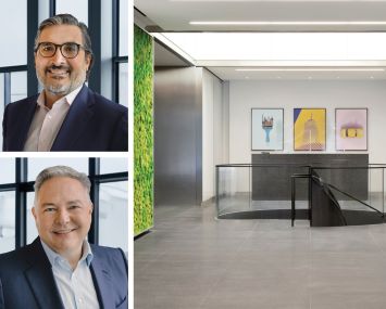 Co-CEO's of BGO, Sonny Kalsi (top) and John Carrafiell; interior lobby shot of 757 Third Avenue, NY, NY.