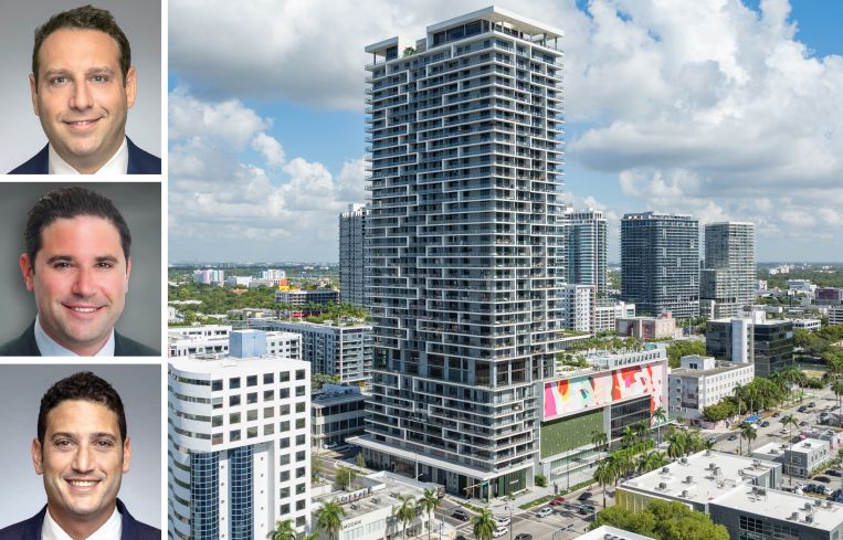 Walker & Dunlop's Aaron Appel (top), Jonathan Schwartz (center), and Adam Schwartz (bottom), and Forma Miami at 2900 Biscayne Boulevard.