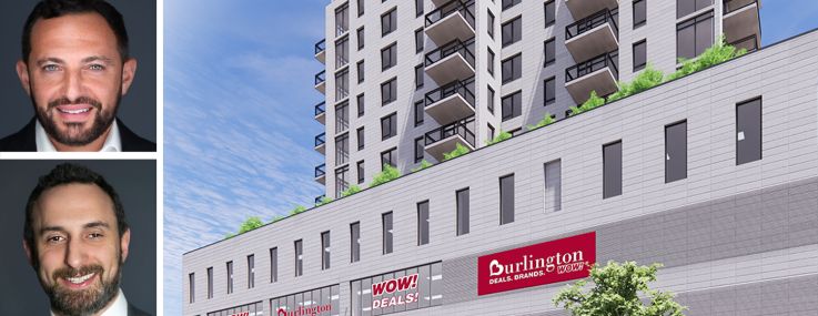 Heller Organization's Adam Heller (top), Joshua Singer (center), and Stephen Weber (bottom), and a rendering of 72-22 Broadway in Jackson Heights, Queens.