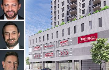 Heller Organization's Adam Heller (top), Joshua Singer (center), and Stephen Weber (bottom), and a rendering of 72-22 Broadway in Jackson Heights, Queens.