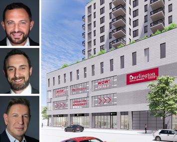 Heller Organization's Adam Heller (top), Joshua Singer (center), and Stephen Weber (bottom), and a rendering of 72-22 Broadway in Jackson Heights, Queens.